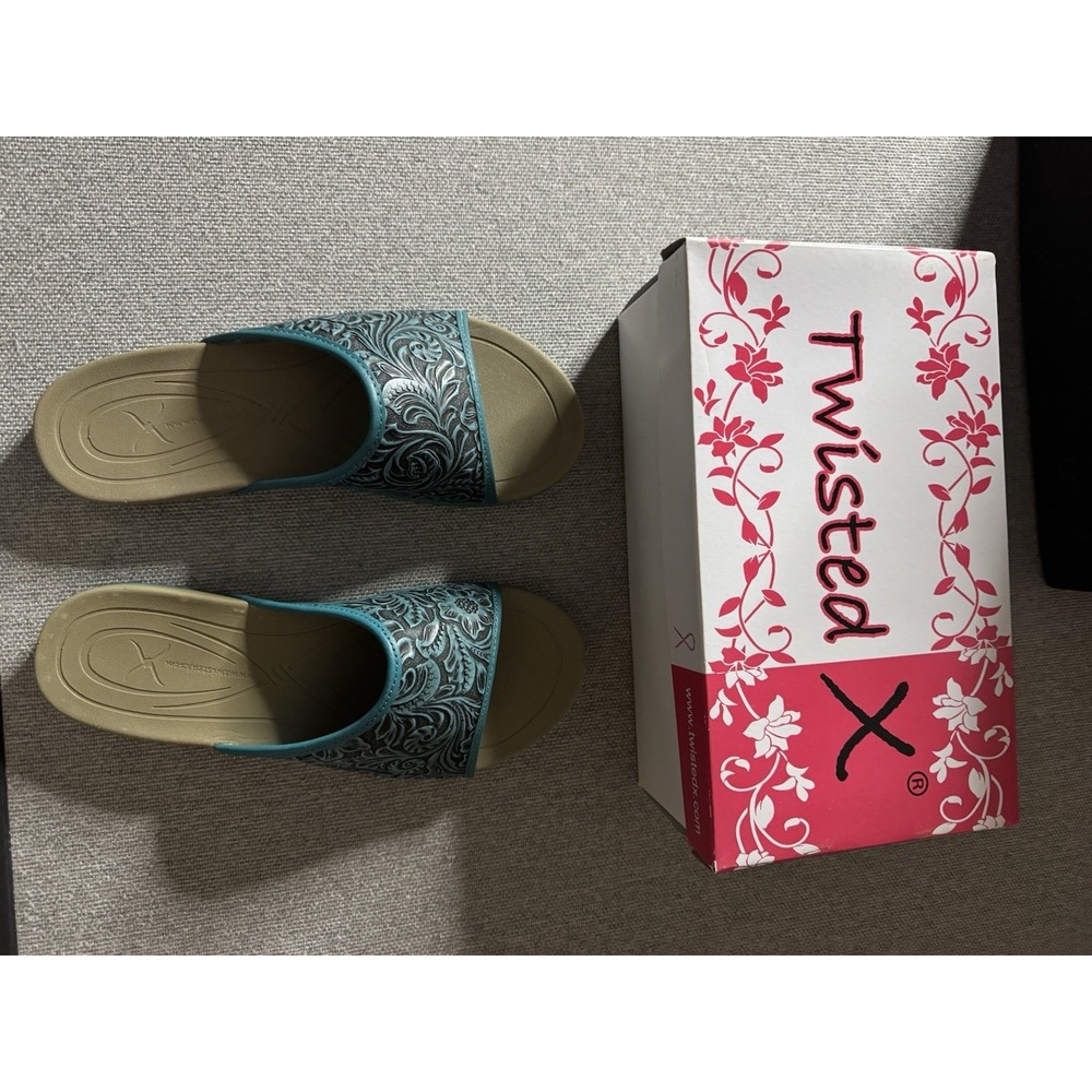 Twisted X Women's Teal Color Slide Sandals Size 8 Tooled Leather Top Summer Shoe